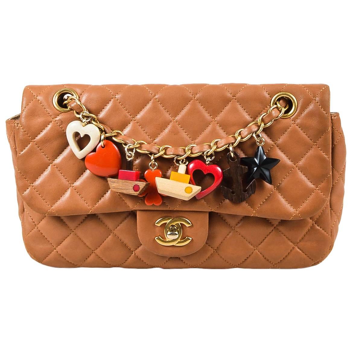 Chanel Cruise Light Brown Lambskin Leather Quilted Charm Classic Flap Bag For Sale