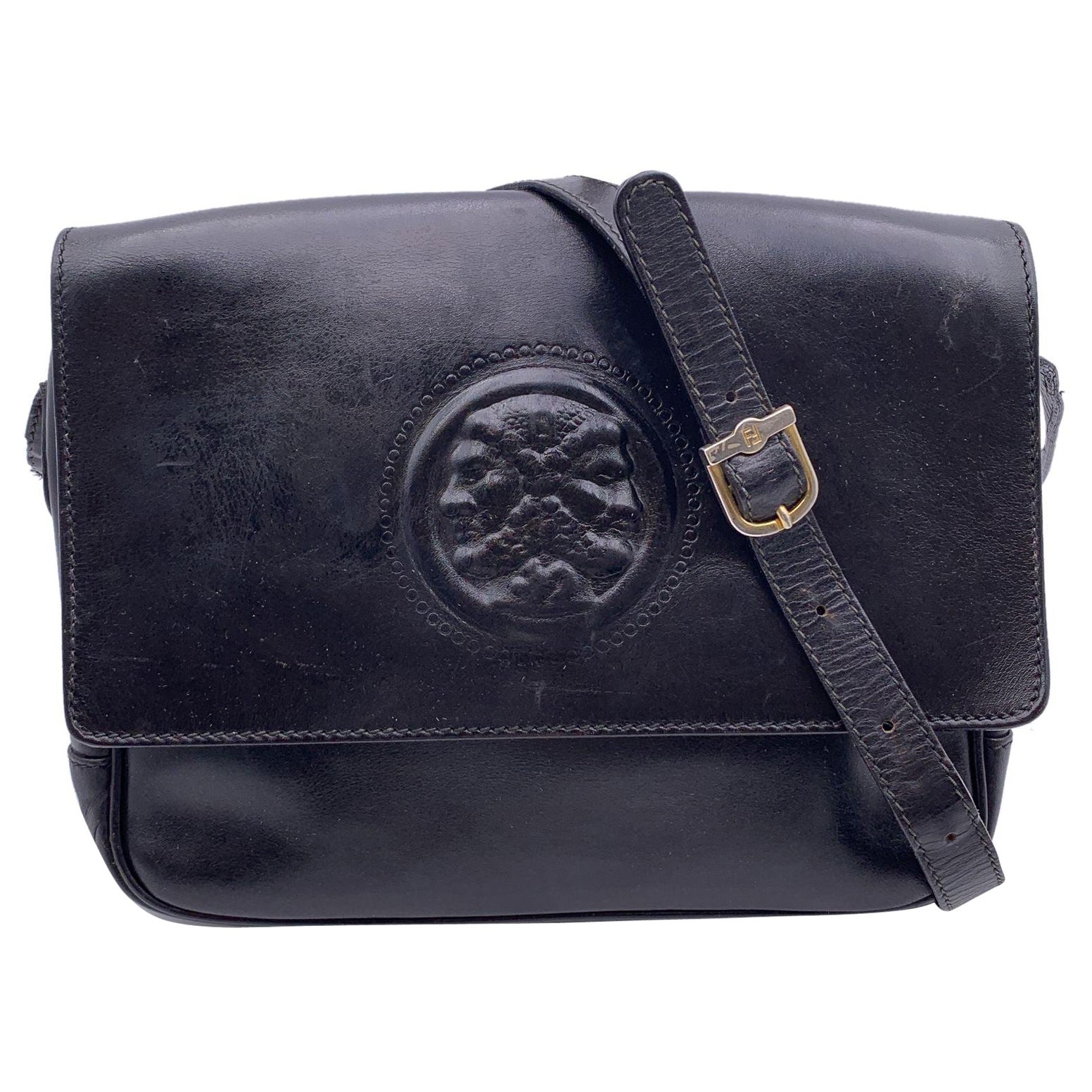 Fendi Vintage Black Leather Janus Messenger Shoulder Bag For Sale