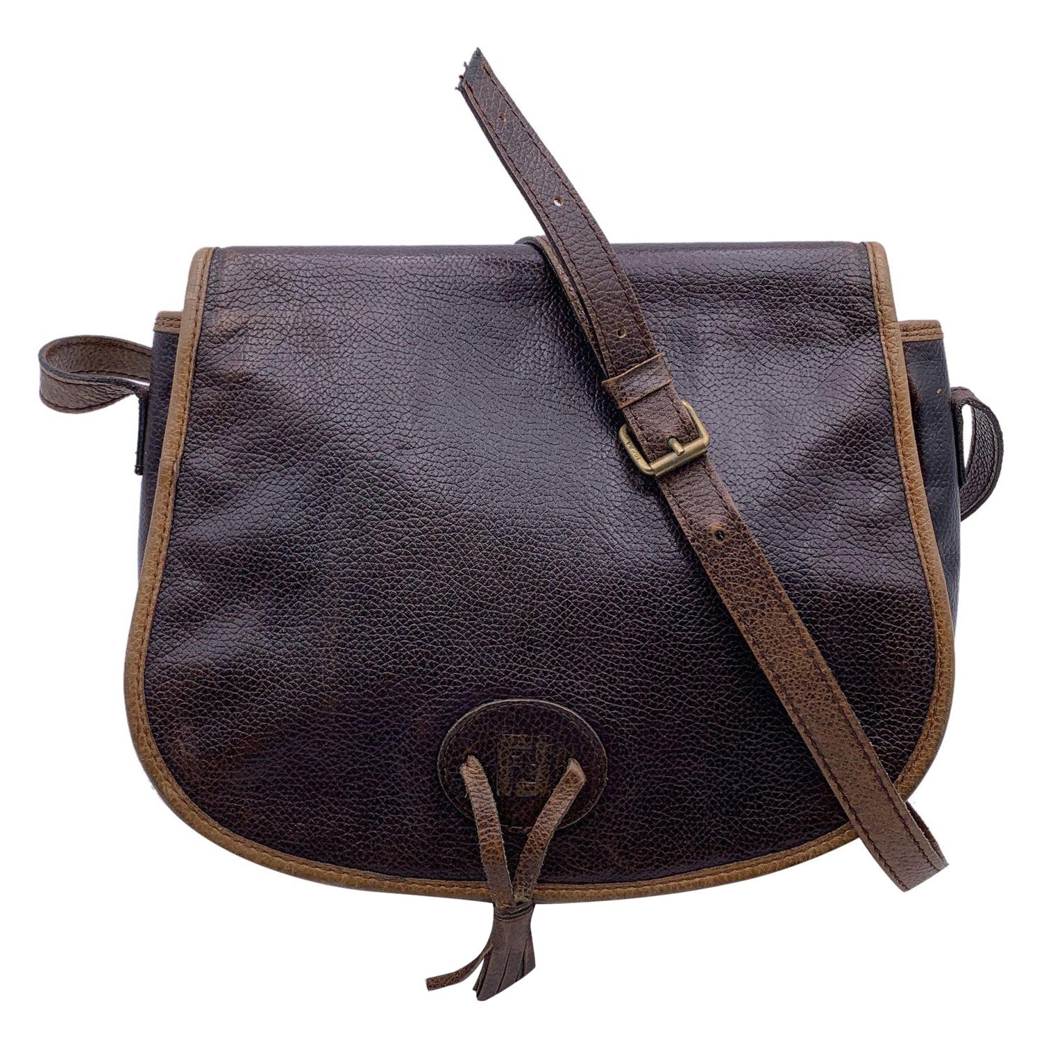 Fendi Vintage Brown and Beige Leather Crossbody Shoulder Bag For Sale