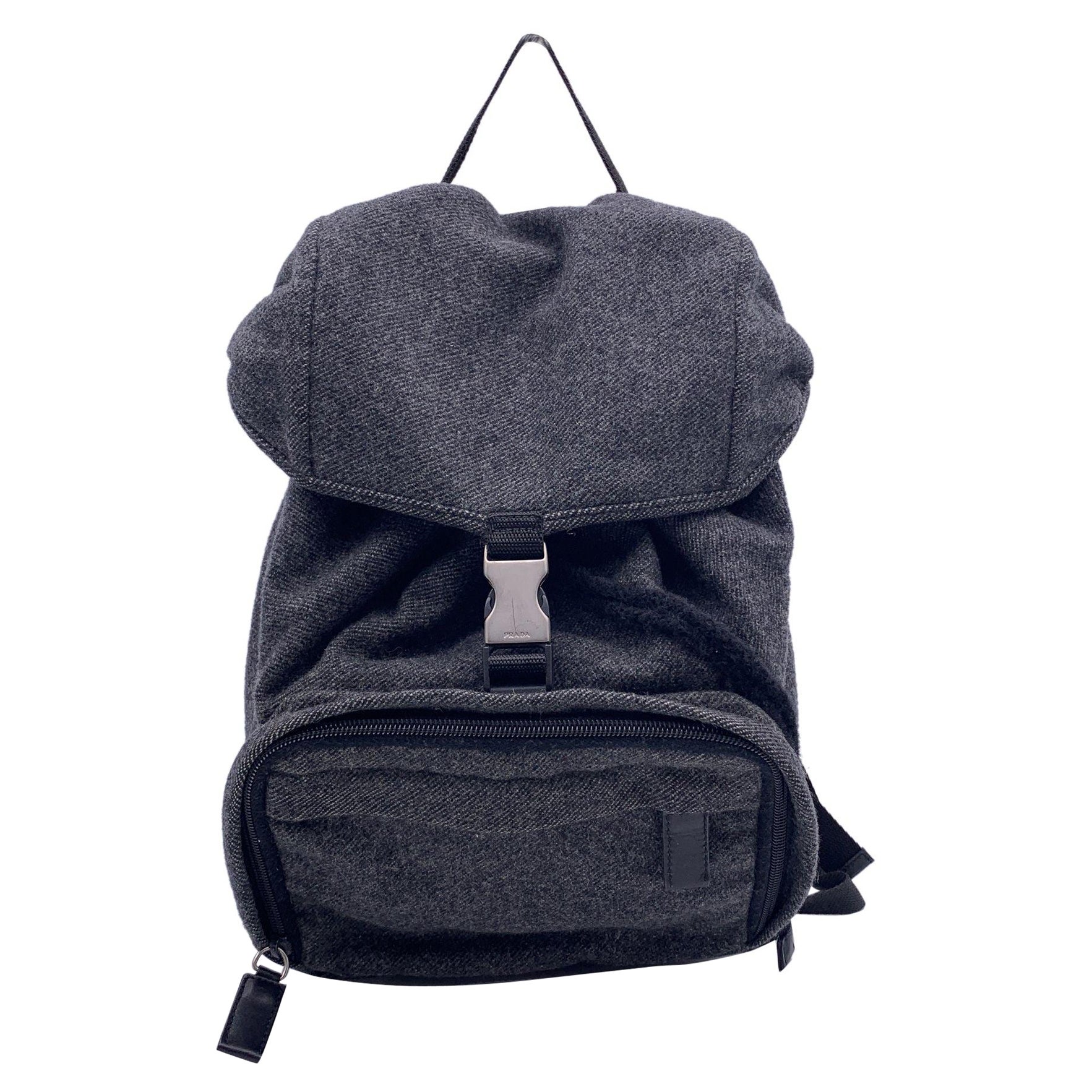 Prada Vintage Grey Wool Single Buckle Backpack Shoulder Bag For Sale
