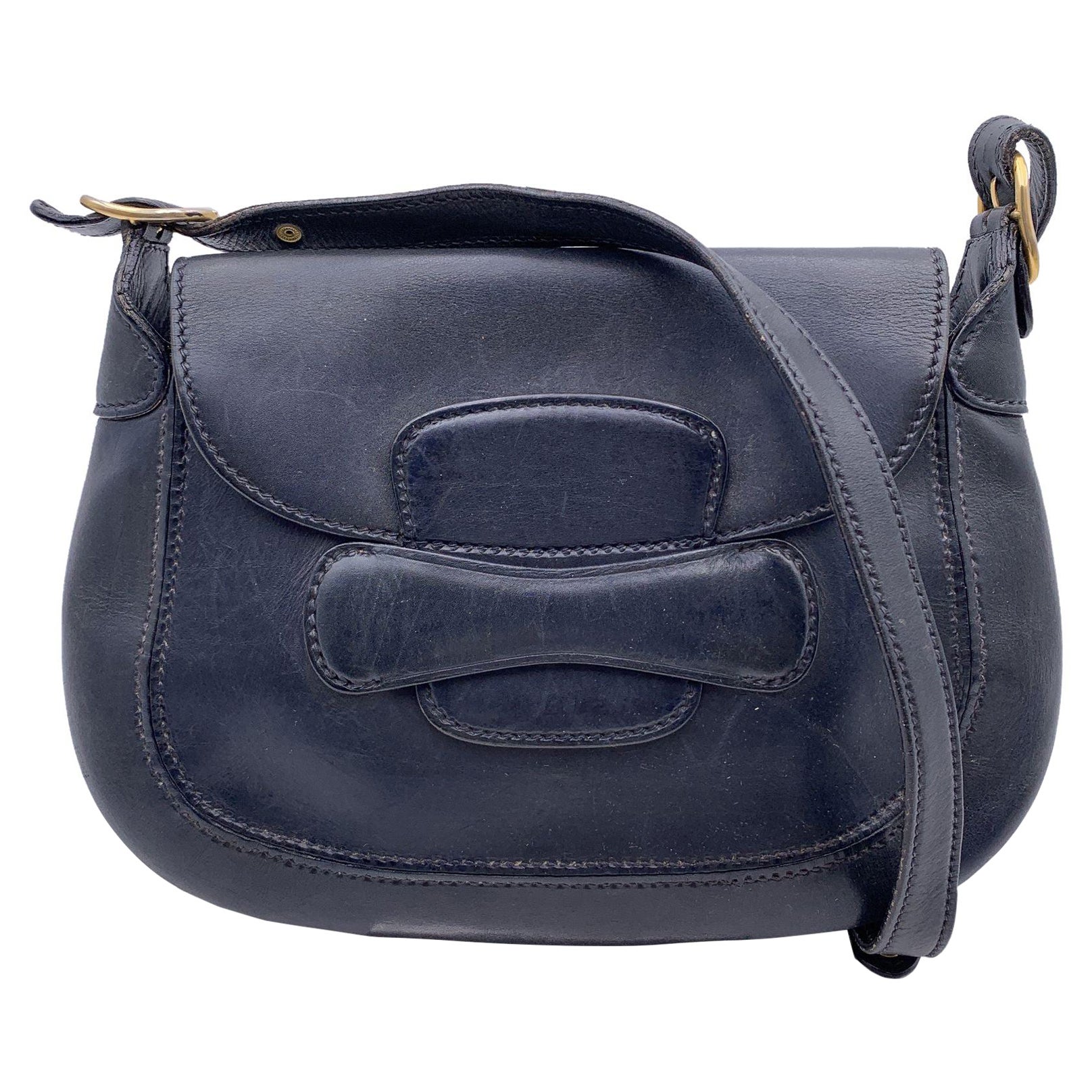 Gucci Vintage Navy Blue Leather Flap Shoulder Bag For Sale