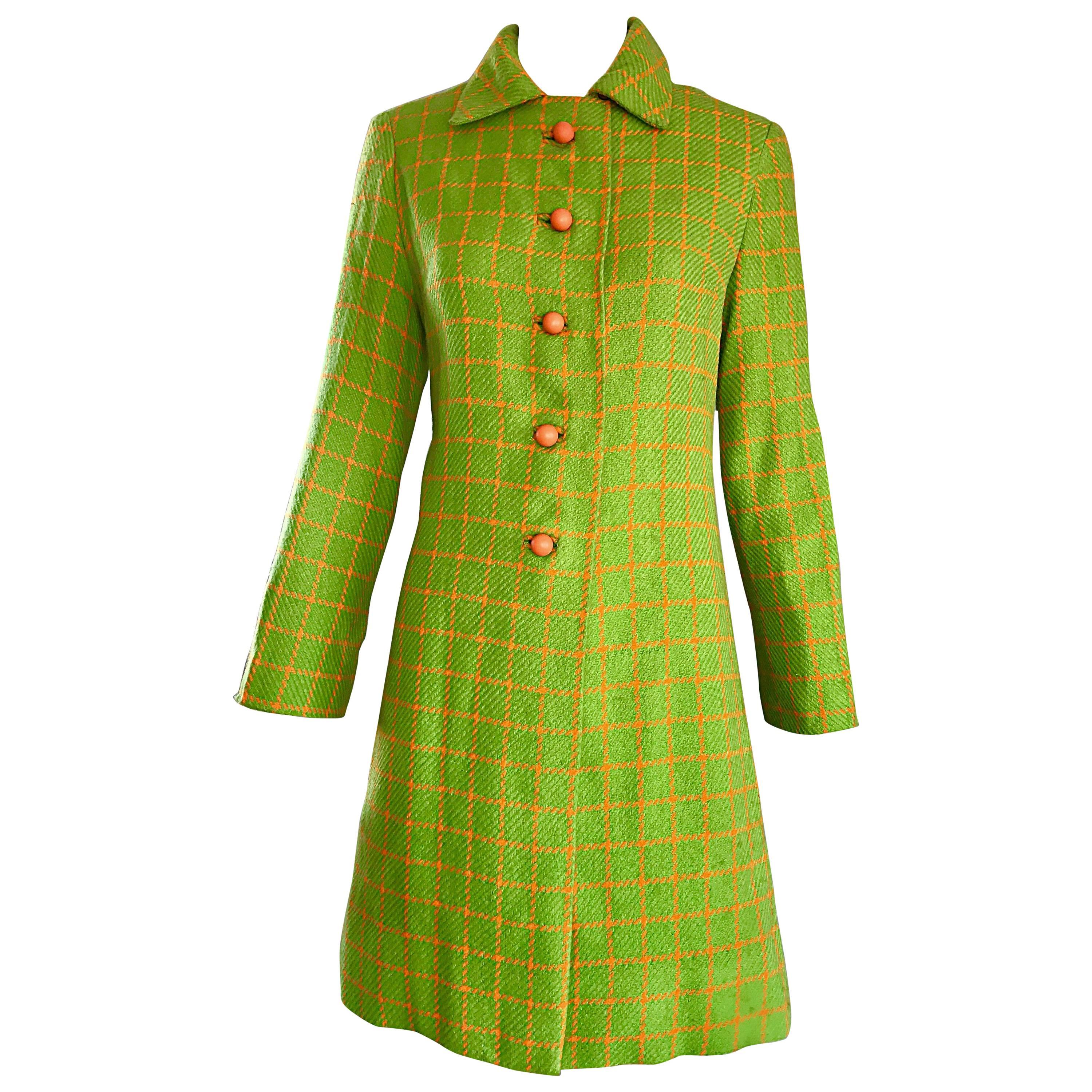 1960s Neon Lime Green and Orange Checkered Vintage 60s Wool Swing Jacket Coat