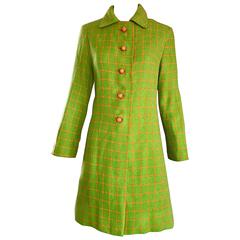1960s Neon Lime Green and Orange Checkered Vintage 60s Wool Swing Jacket Coat 12