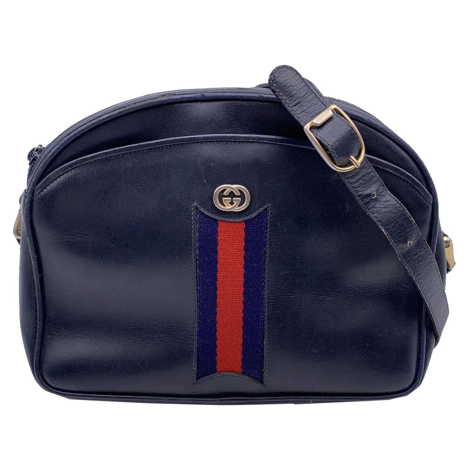 Gucci Vintage Blue Leather Messenger Crossbody Bag with Stripes For Sale