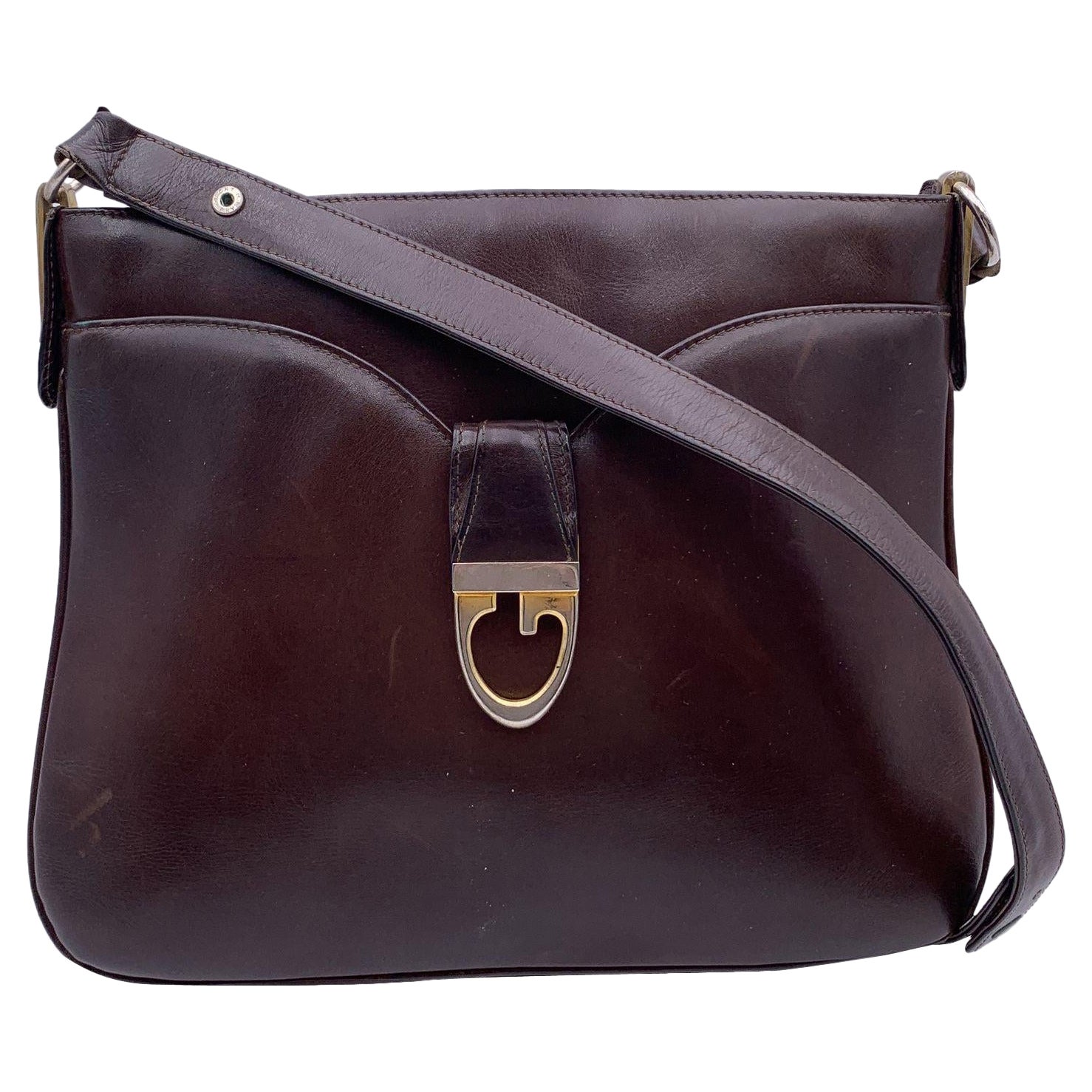 Gucci Vintage Dark Brown Leather Shoulder Bag Handbag For Sale
