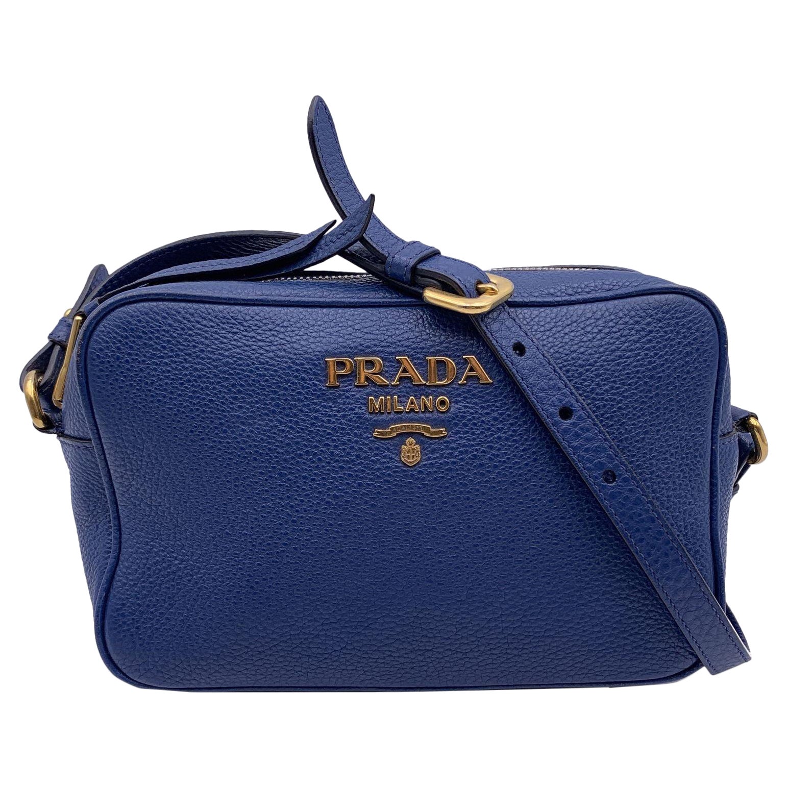 Prada Blue Vitello Phenix Leather Crossbody Messenger Camera Bag For Sale