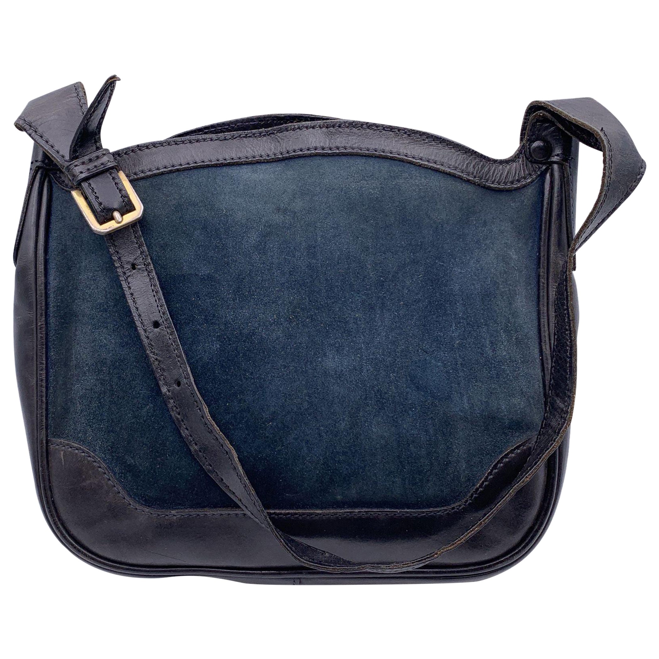 Gucci Vintage Navy Blue Suede and Leather Shoulder Bag For Sale