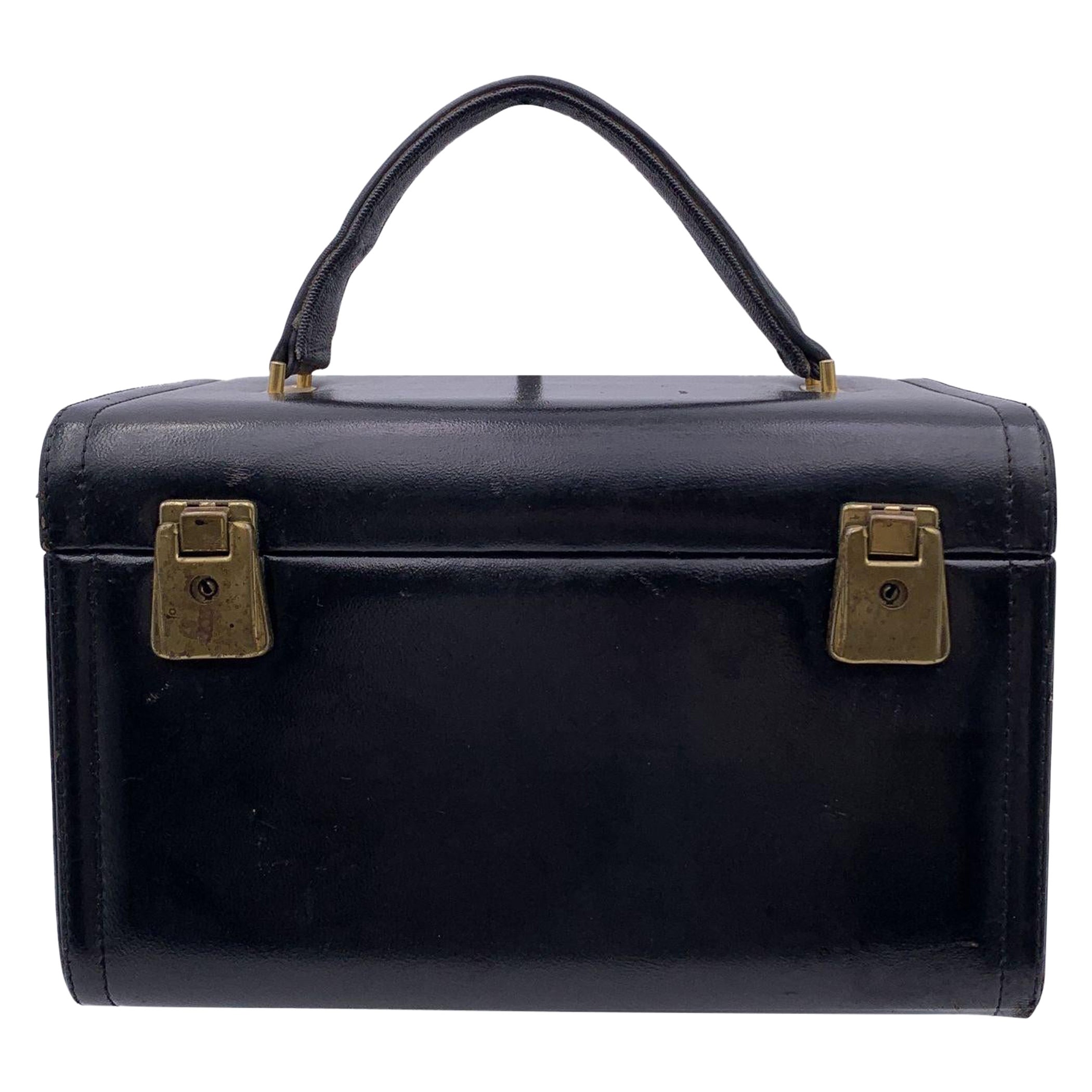 Vintage Black Leather Travel Train Case Beauty Vanity Bag For Sale