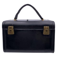 Vintage Black Leather Travel Train Case Beauty Vanity Bag