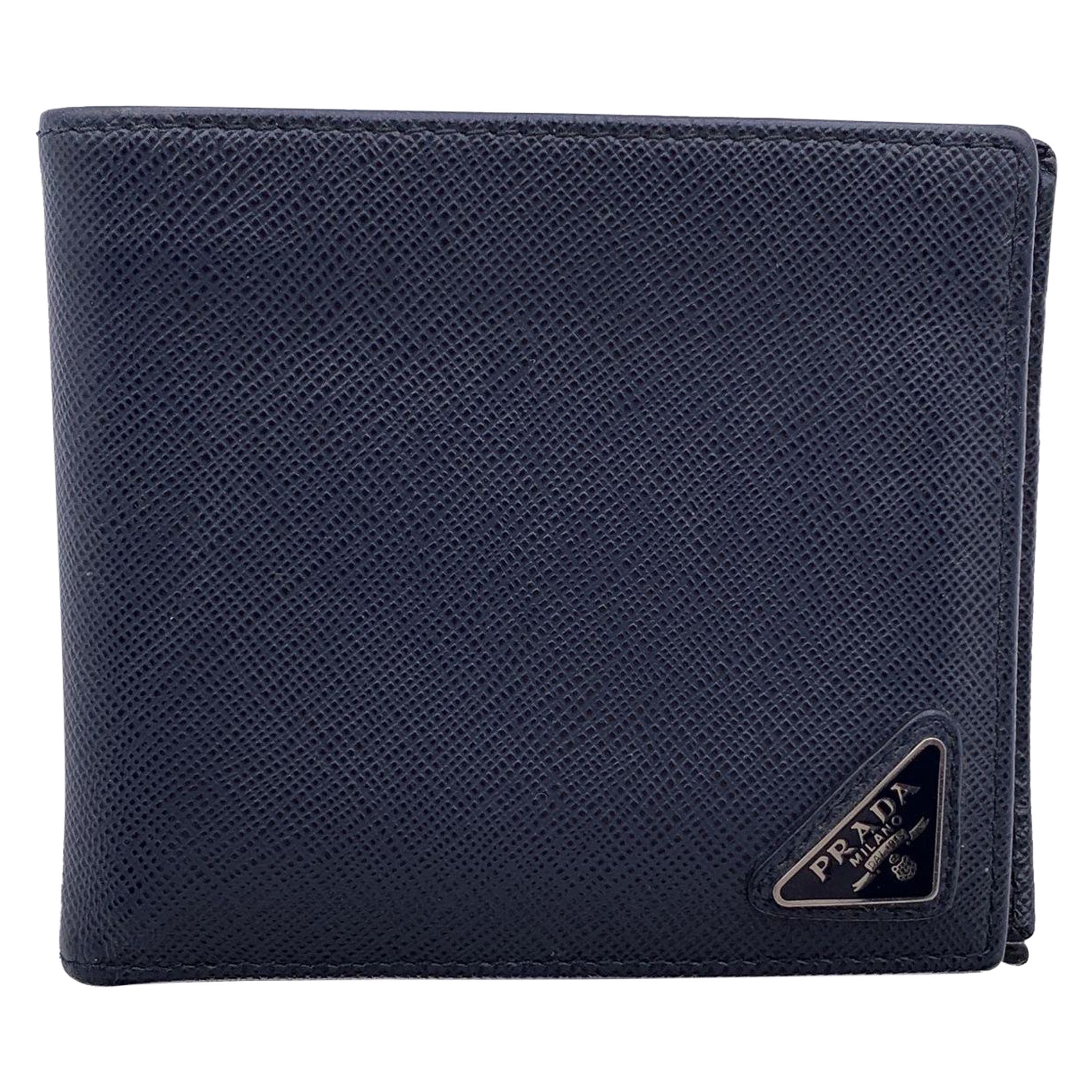 Prada Blue Saffiano Leather Bifold Wallet Coin Purse For Sale