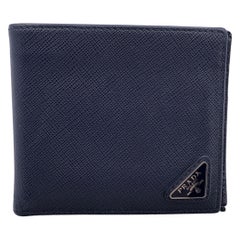 Used Prada Blue Saffiano Leather Bifold Wallet Coin Purse