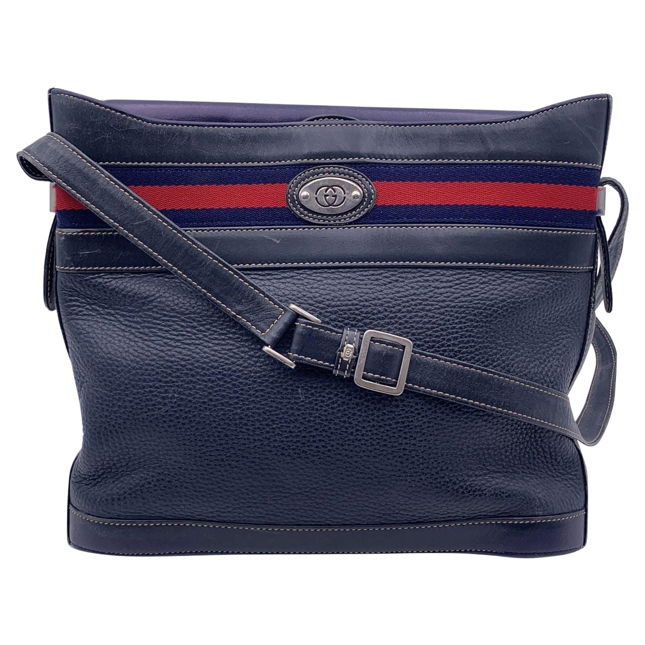 Gucci Vintage Blue Leather Web Stripes Bucket Shoulder Bag For Sale