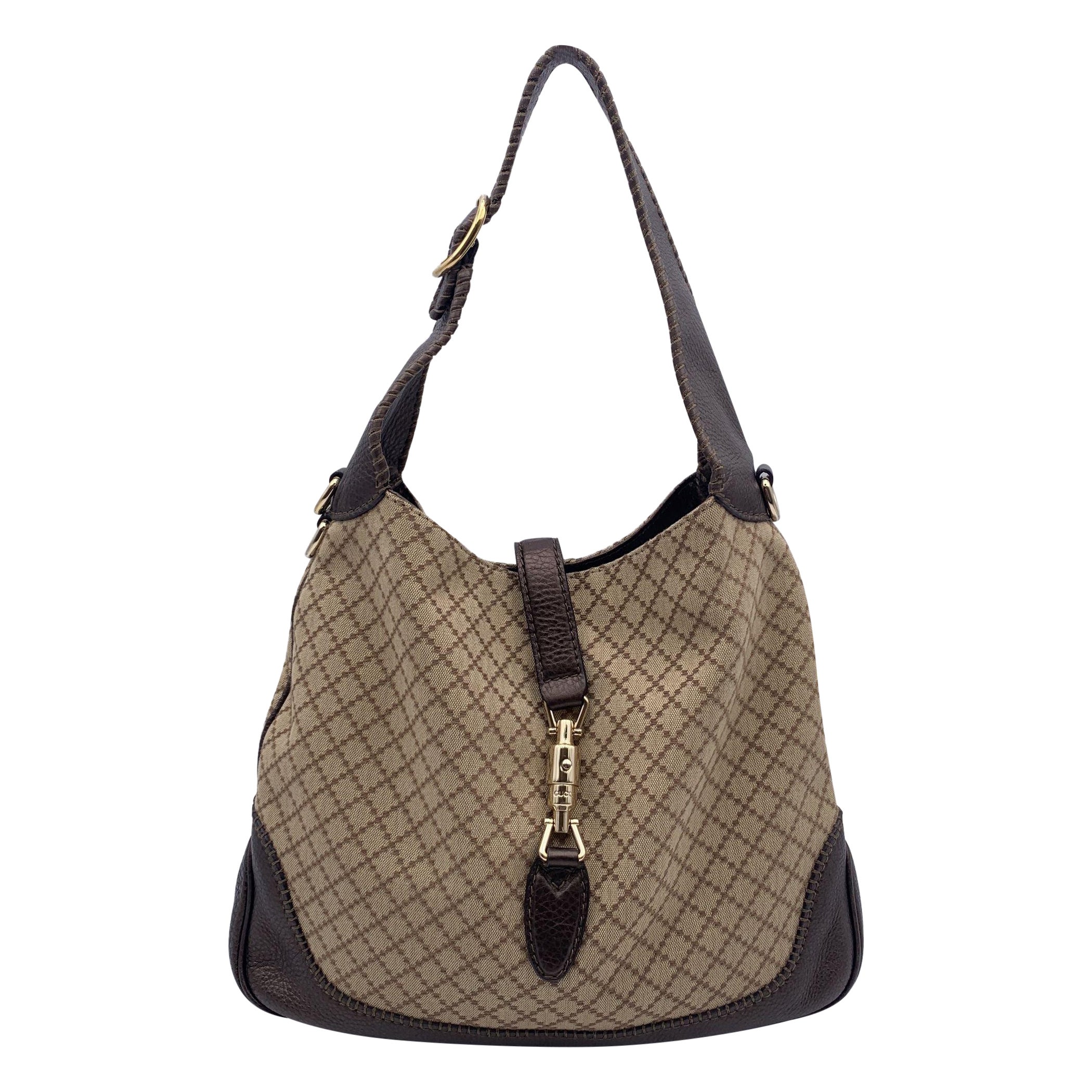 Gucci Beige Diamante Canvas Leather New Jackie Tote Hobo Bag For Sale