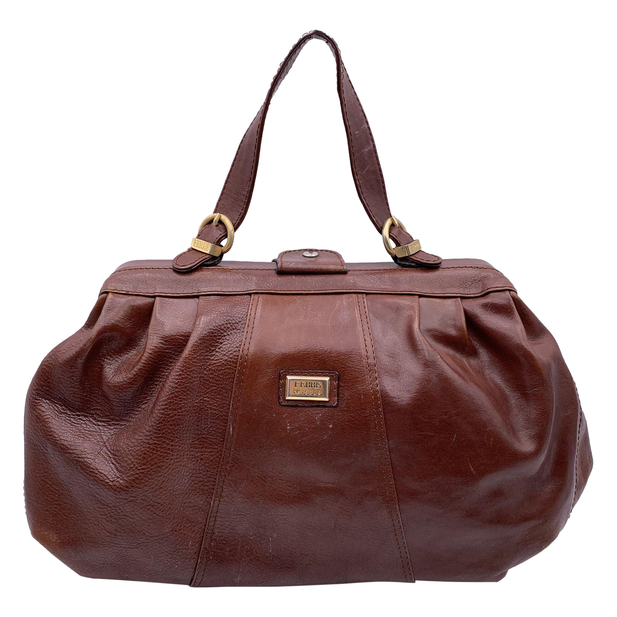 Gianfranco Ferre Vintage Brown Leather Doctor Bag Satchel with Strap For Sale