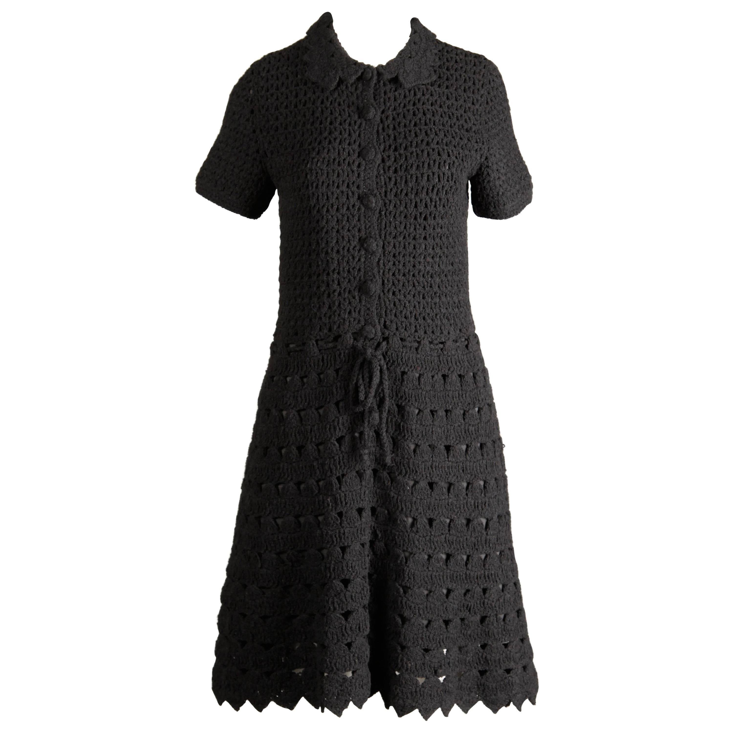 1960s Vintage Black Wool Hand Crochet Dress For Sale