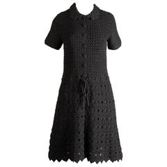 1960s Vintage Black Wool Hand Crochet Dress