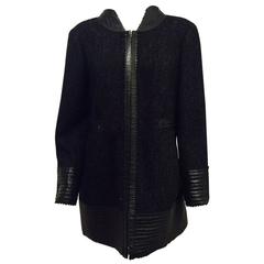 Chanel Black & Grey Herringbone Tweed Coat W. Quilted Leather Trim Size 50
