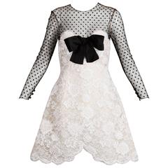 Bill Blass Vintage Black Mesh + White Lace Cocktail Dress with Silk Bow 10