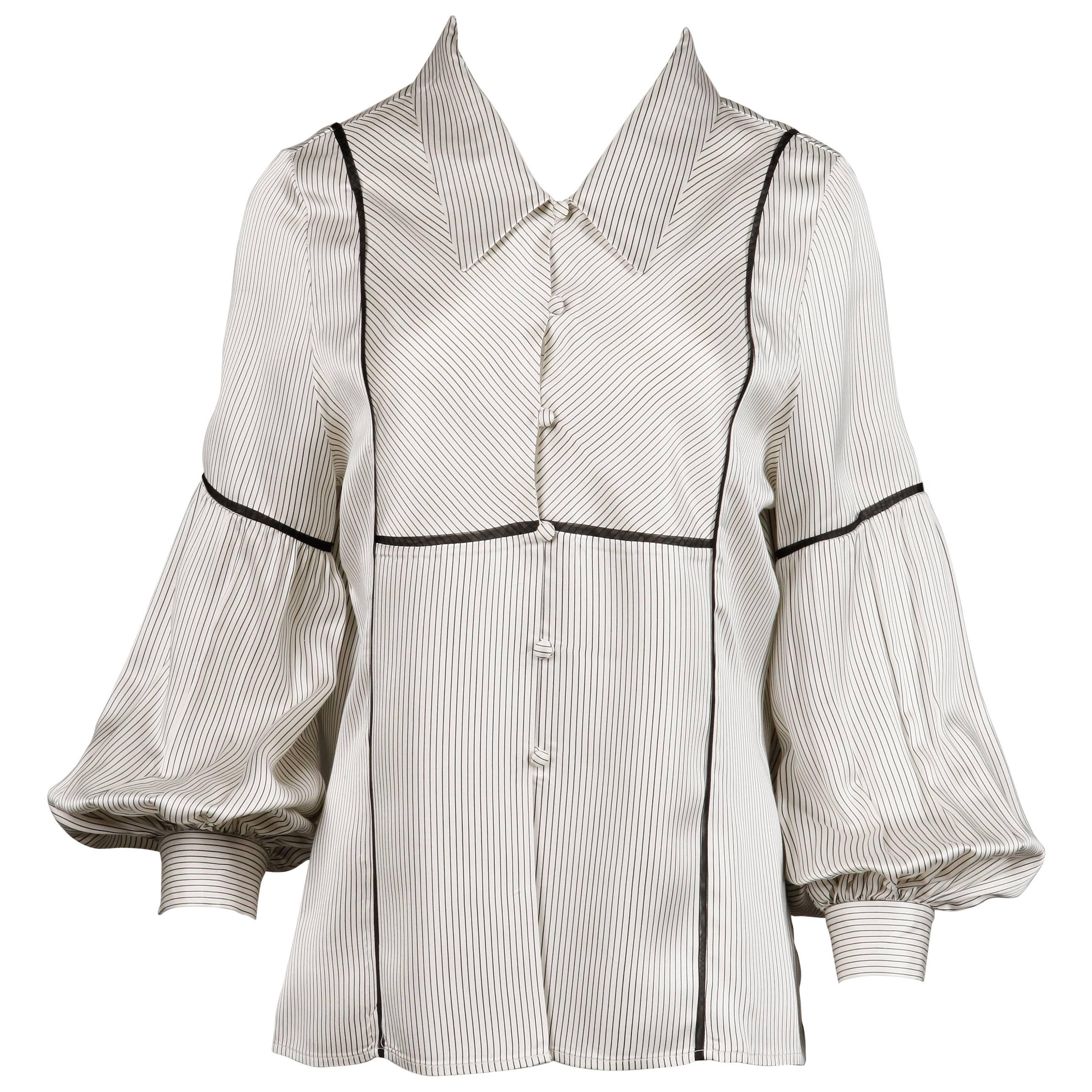 Wes Gordon Creamy Striped Silk Blouse with Blouson Sleeves and Matching Scarf