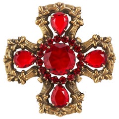 c.1940's Maltese Cross Brass Ruby Red Faceted Cut Glass Open Work Brooch Pin