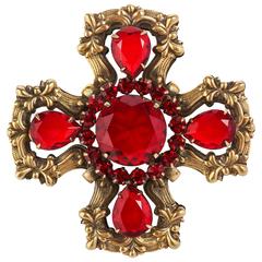 c.1940's Maltese Cross Brass Ruby Red Faceted Cut Glass Open Work Brooch Pin 5