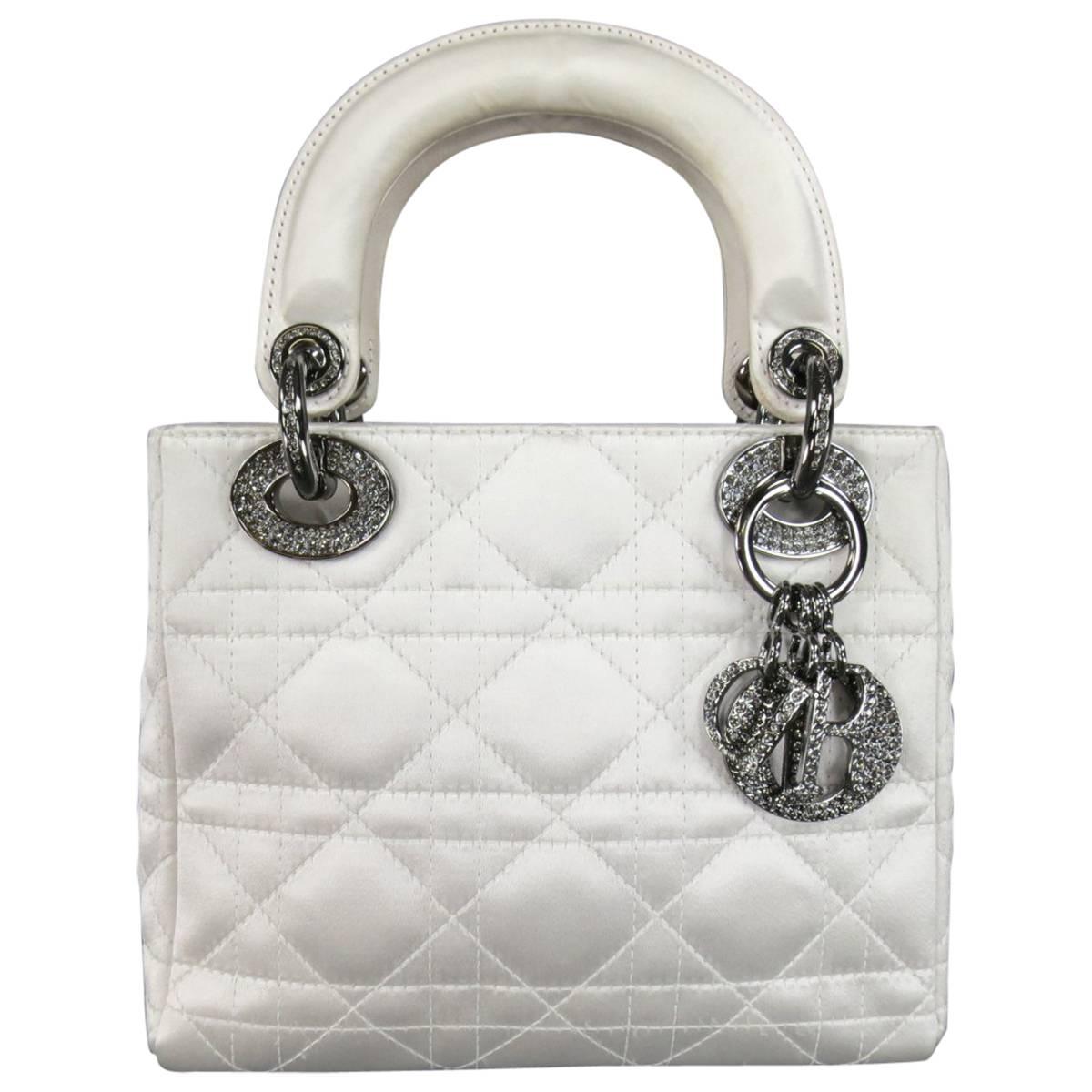 CHRISTIAN DIOR White Cannage Silk Satin Crystal Hardware Mini Lady Dior Bag