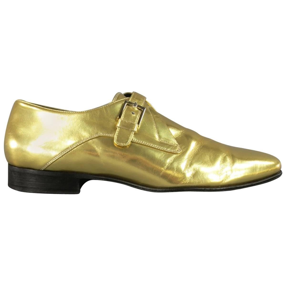 Men's DIOR HOMME Hedi Slimane Size 7.5 Metallic Gold Leather Monk Strap Loafers