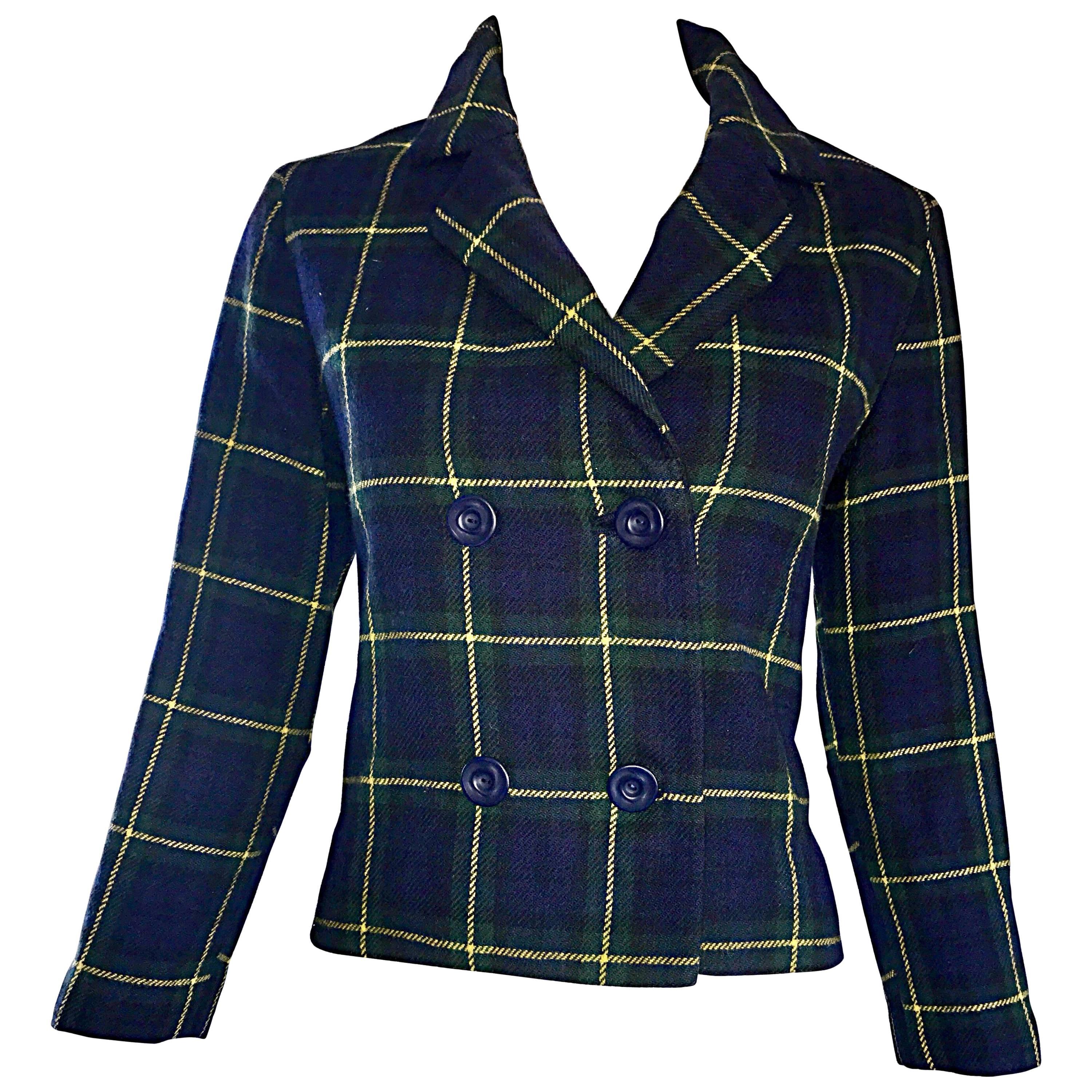 Chic 1960s Vintage Navy Blue, Green, Yellow Tartan Plaid Double Breasted Blazer For Sale