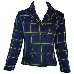 Chic 1960s Vintage Navy Blue, Green, Yellow Tartan Plaid Double Breasted Blazer