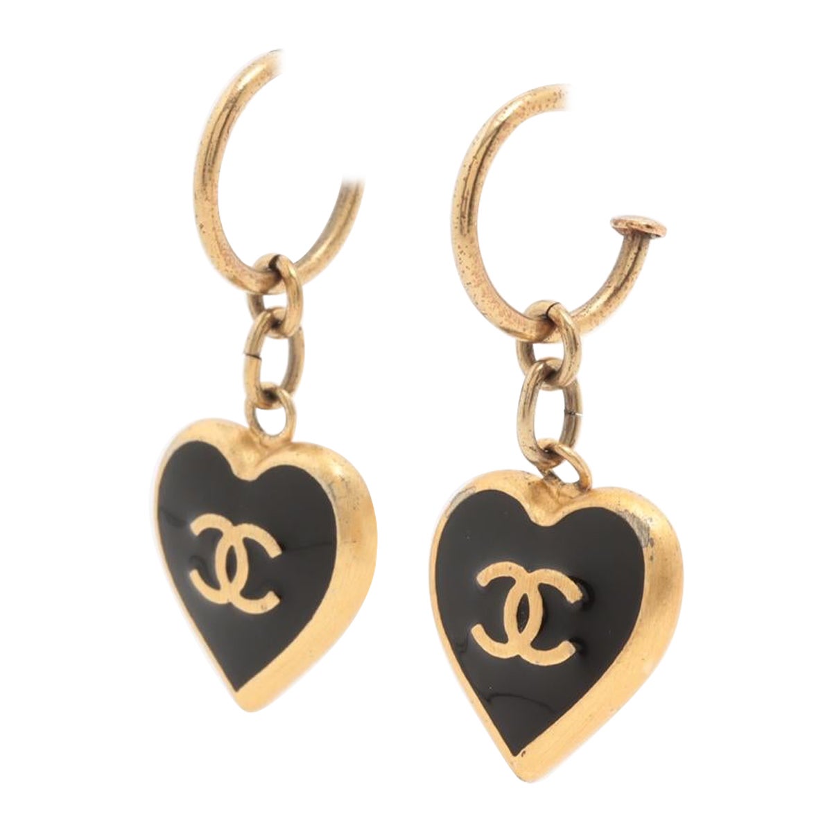 Chanel CC Logo Heart Hoop Drop Earring Black x Gold For Sale