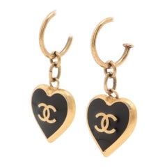 Chanel CC Logo Heart Hoop Drop Earring Black x Gold