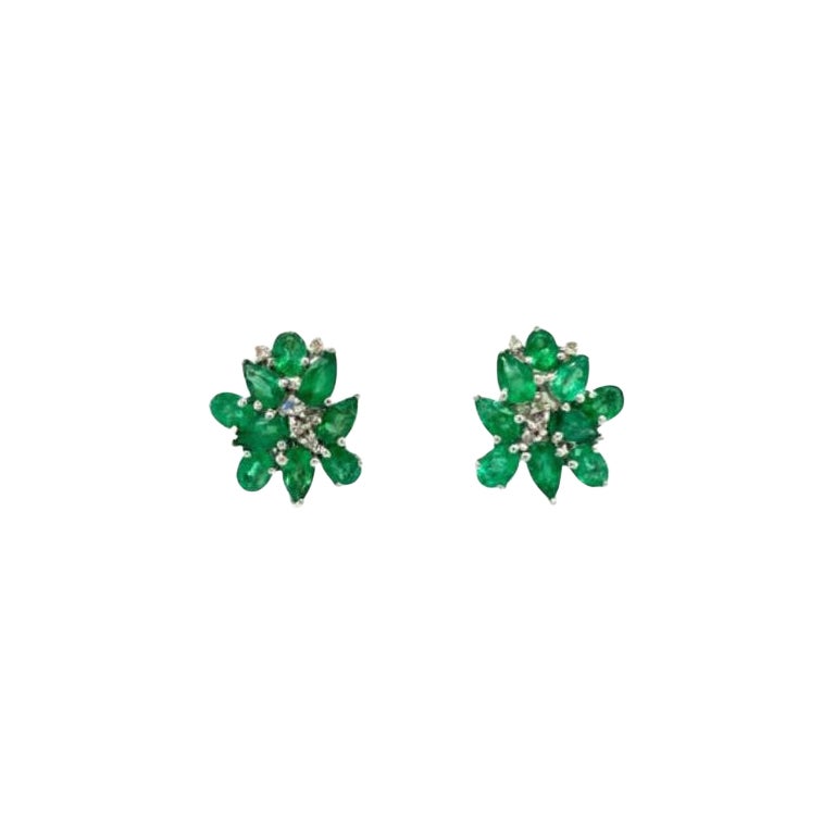 Statement Emerald Cluster and Diamond Stud Earrings for Her in 925 Silver For Sale