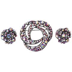 Signed Florenza Boris Aurealis Crystal Circular Pin & Clip On Earrings 11