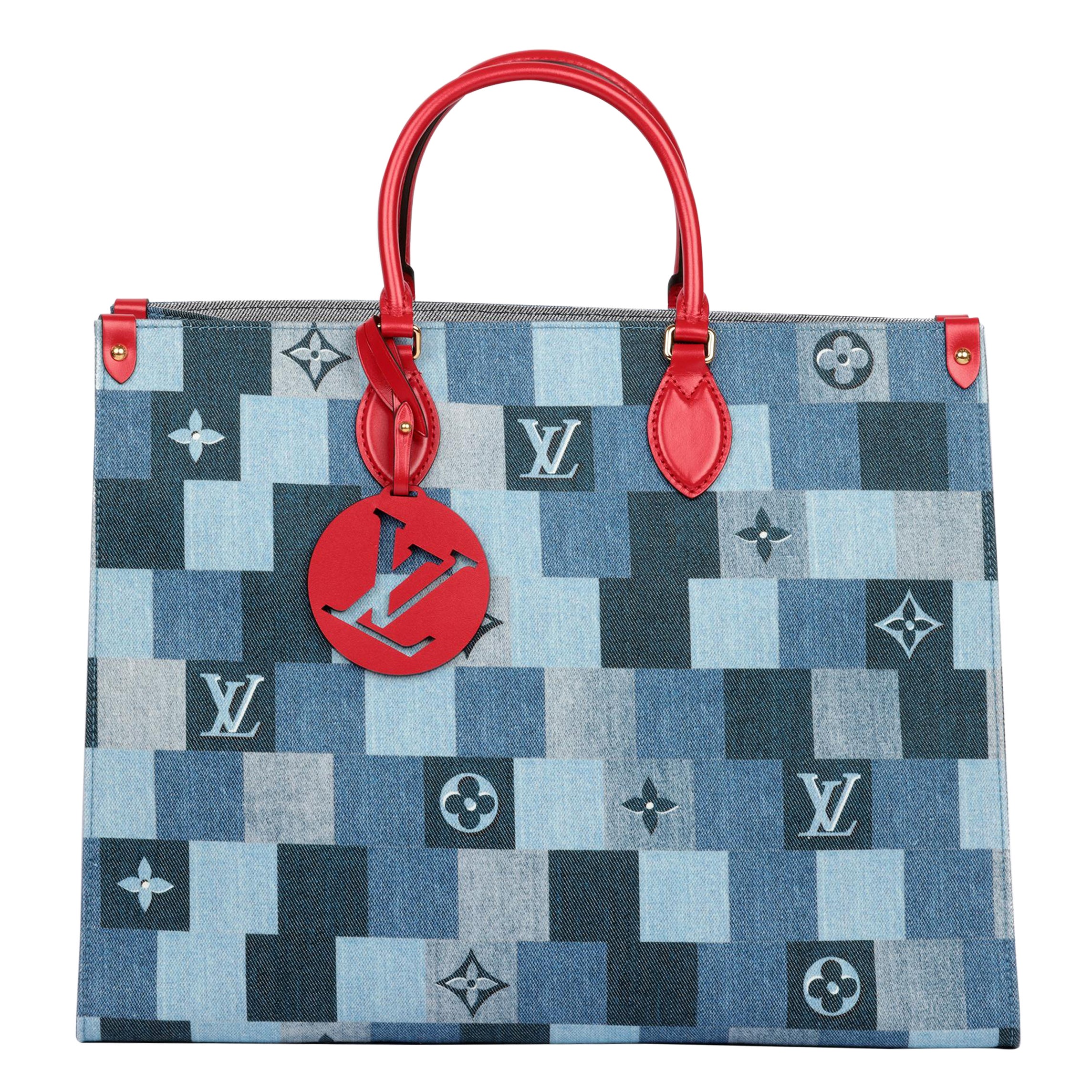Louis Vuitton Blue Damier Patchwork Denim & Red Calfskin Leather Onthego GM For Sale