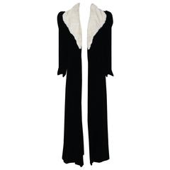 1930's I.Magnin White Ermine Fur & Black Velvet Puff-Sleeve Maxi Coat Jacket 