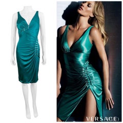 Used F/W 2009 Versace Dress Emerald Green Silver Metal Logo Embelishments