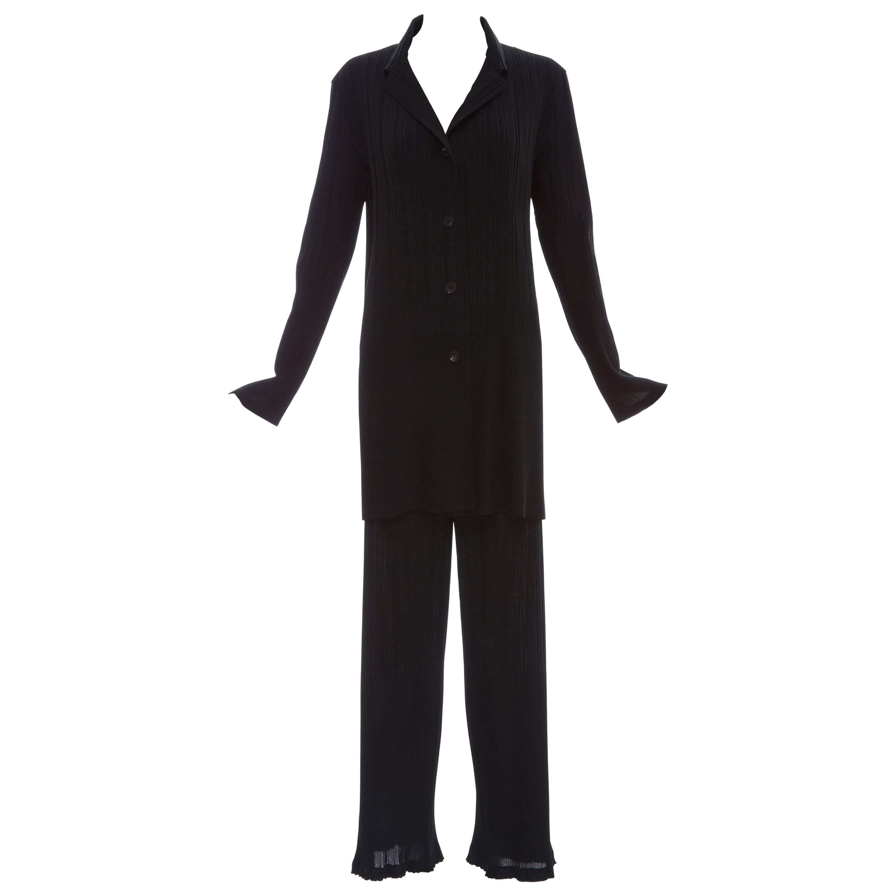 Issey Miyake Black Pleated Polyester Button Front Pant Suit, Circa 1990's For Sale