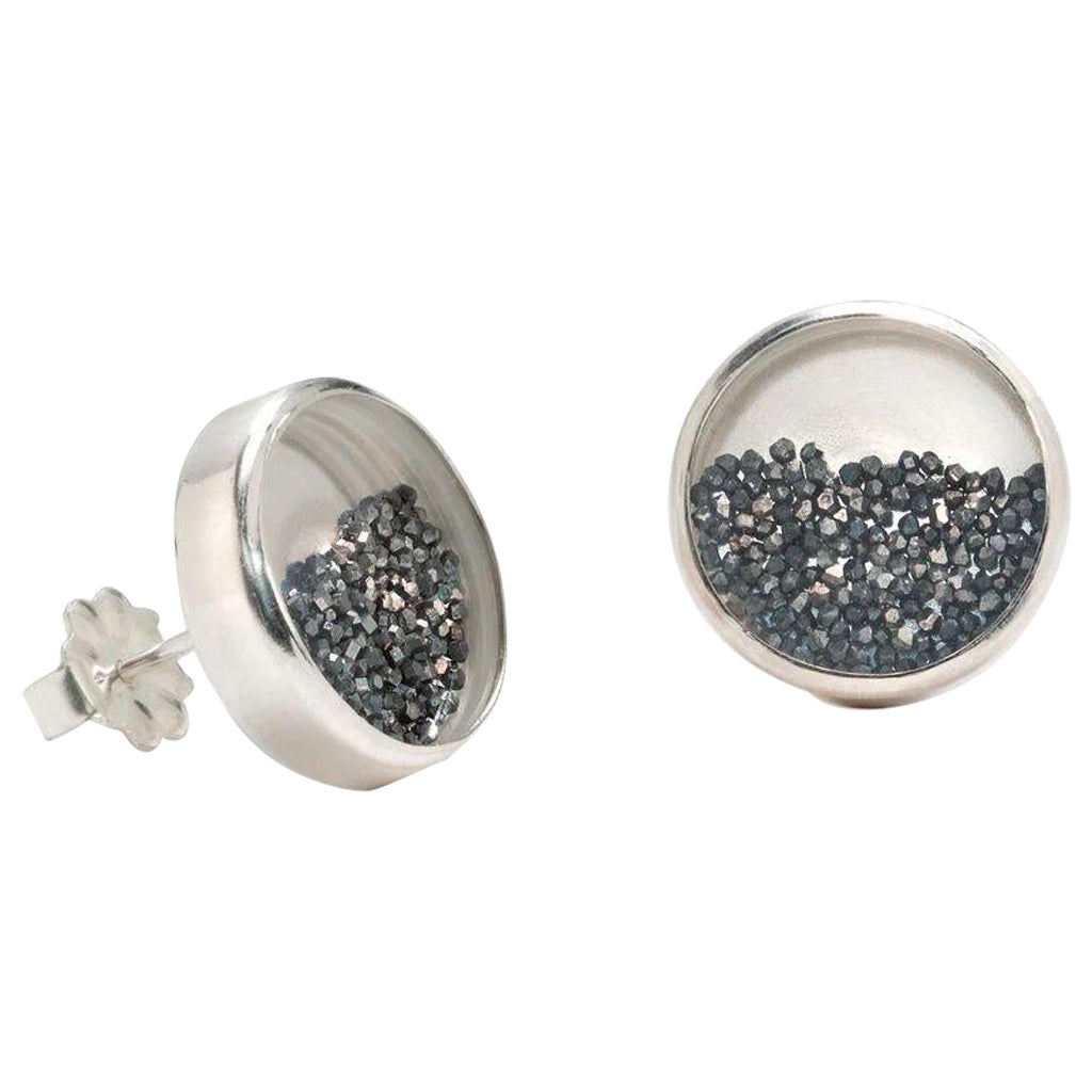 Sparkling Black Diamond Dust Sterling Silver Post Earrings For Sale