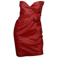 Valentino NWT Red Leather Strapless Dress w/ Rose rt. $4, 200