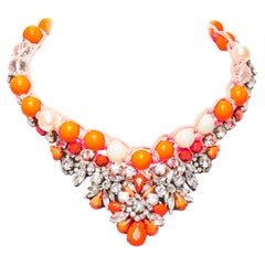 Used SHOUROUK neon orange clear crystal beads rope chain choker necklace