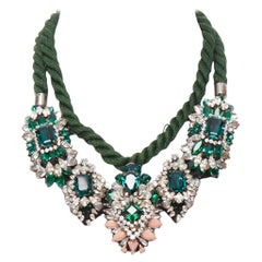 Used SHOUROUK green clear rhinestone crystals rope chain statement necklace