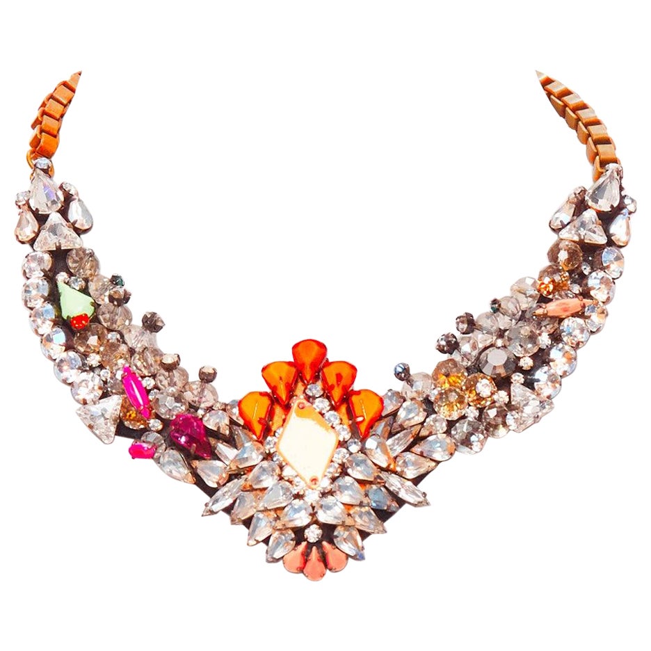 SHOUROUK neon orange pink clear crystals multi jewel short necklace For Sale