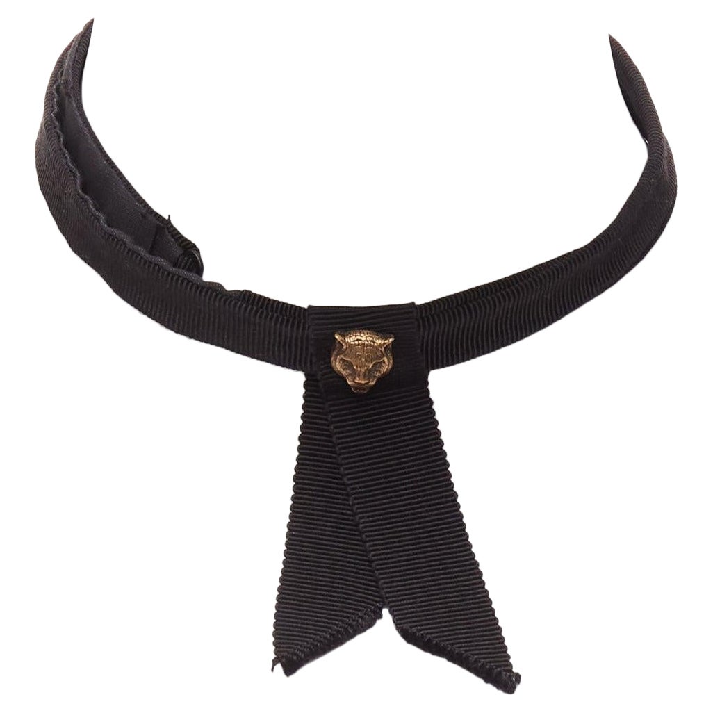 GUCCI Alessandro Michele antique gold lion head black ribbon choker For Sale