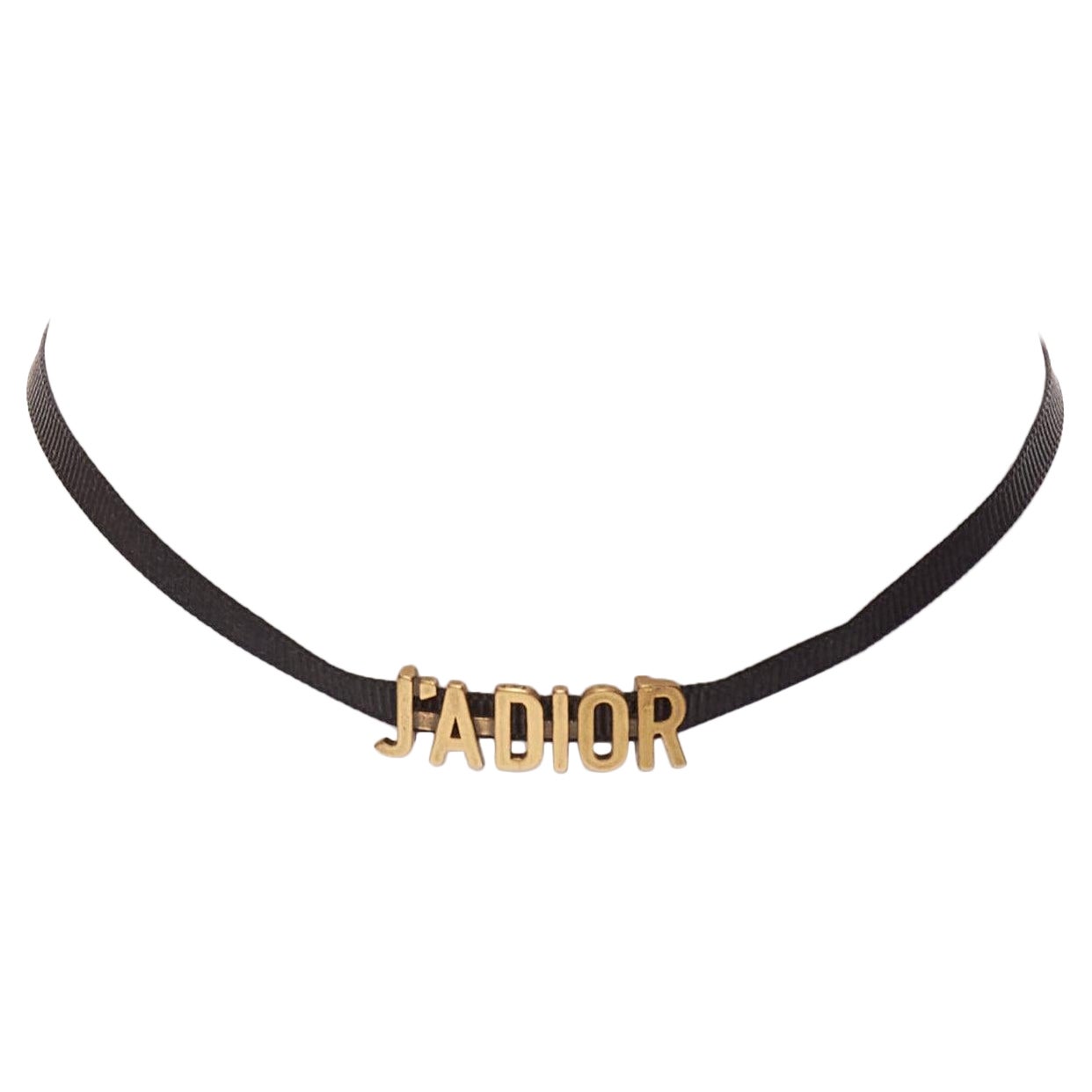 DIOR J'adior antique gold logo plate black ribbon CD charm choker necklace For Sale