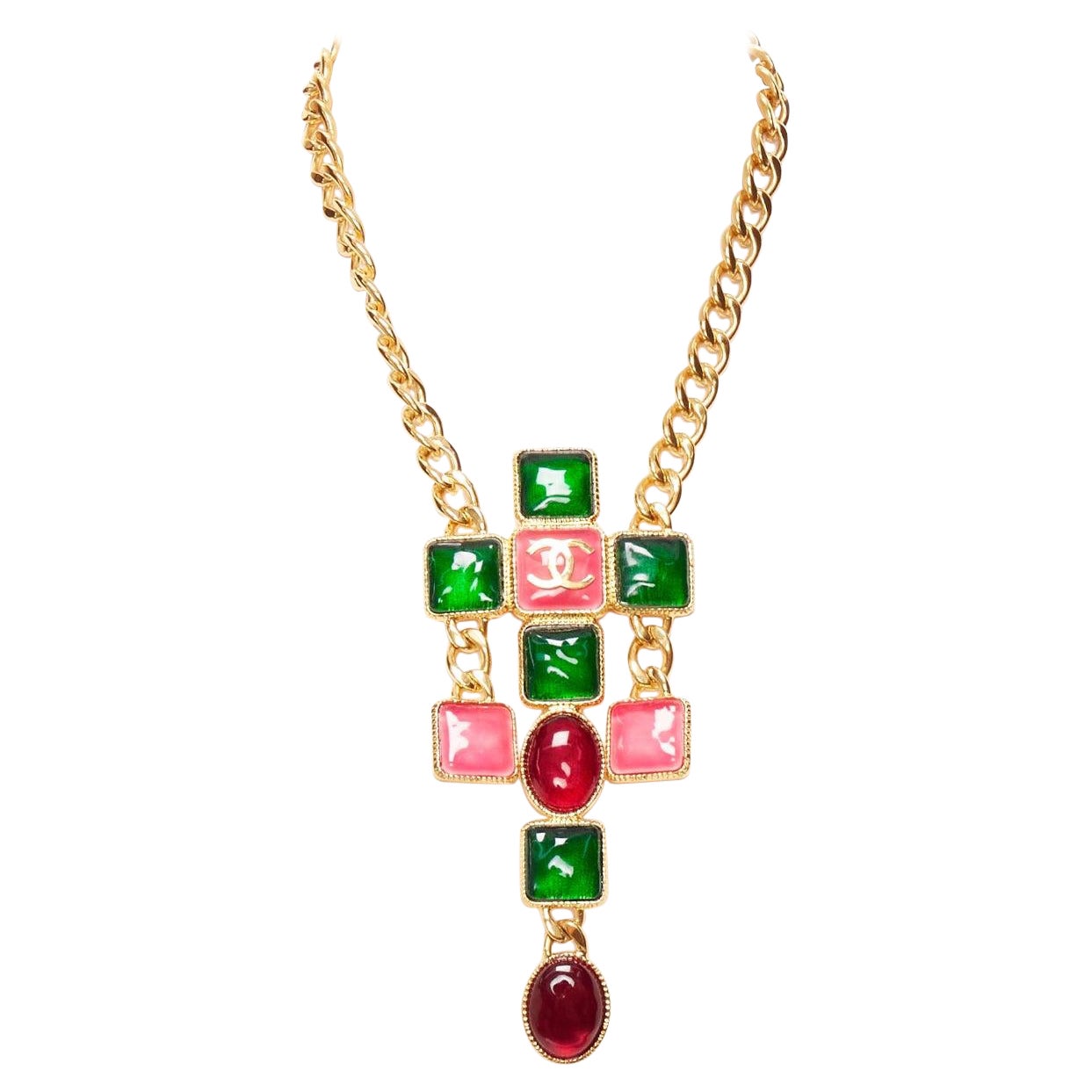 rare CHANEL B20K green pink red gripoix gold CC logo byzantine princess necklace For Sale