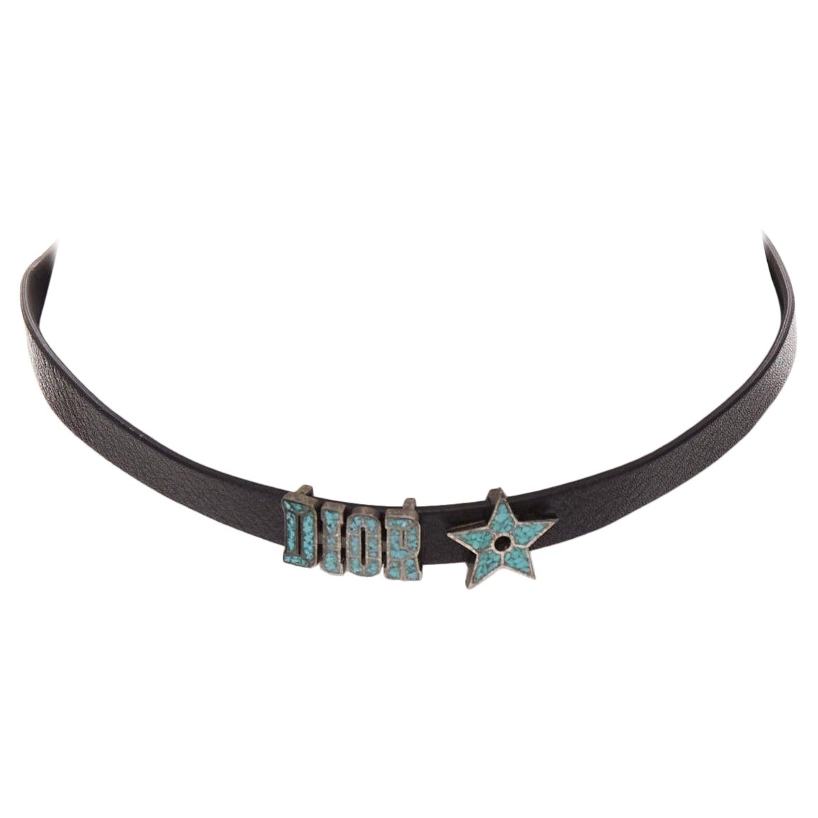 CHRISTIAN DIOR blue marble logo star charm black leather short choker For Sale