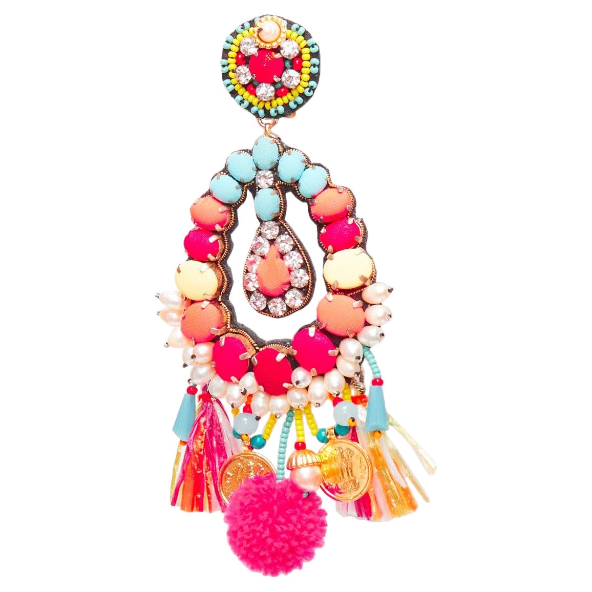 RANJANA KHAN neon orange crystal beads multi dangling clip on earrings For Sale