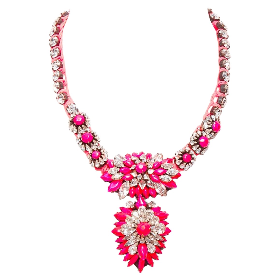 SHOUROUK neon pink clear crystal charm rope chain short necklace For Sale