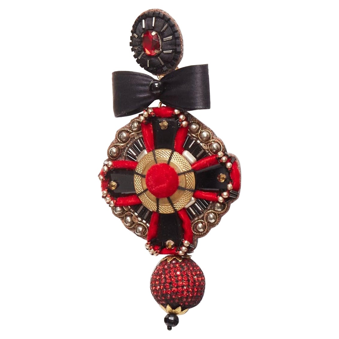 RANJANA KHAN red black ethnic bow crystal ball dangling clip on earrings For Sale
