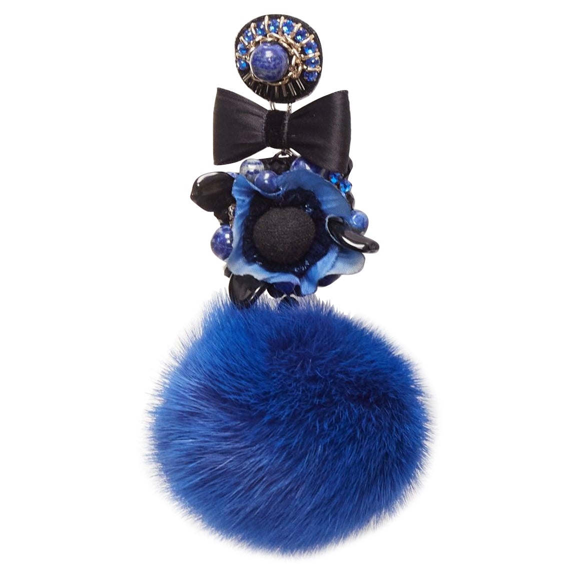 RANJANA KHAN blue black real fur crystal dangling clip on earrings For Sale